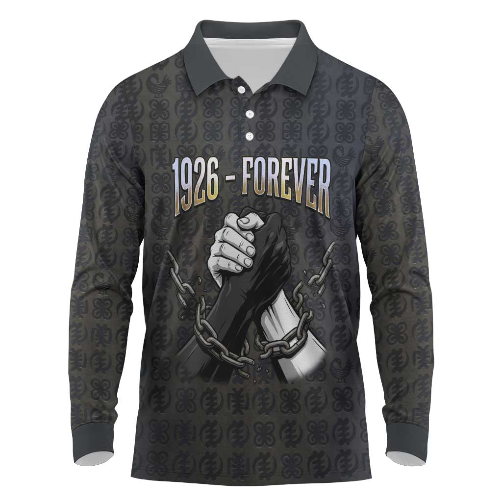 1926 Forever Black History Month Long Sleeve Polo Shirt Broken Chains Freedom Adinkra Symbol