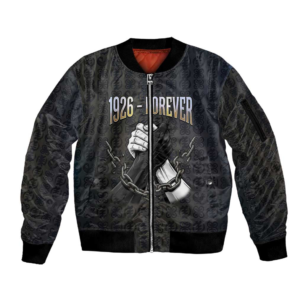 1926 Forever Black History Month Sleeve Zip Bomber Jacket Broken Chains Freedom Adinkra Symbol