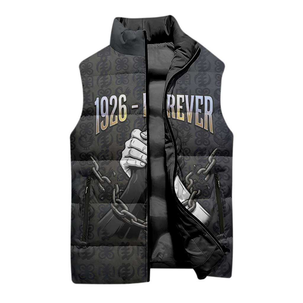 1926 Forever Black History Month Sleeveless Puffer Jacket Broken Chains Freedom Adinkra Symbol