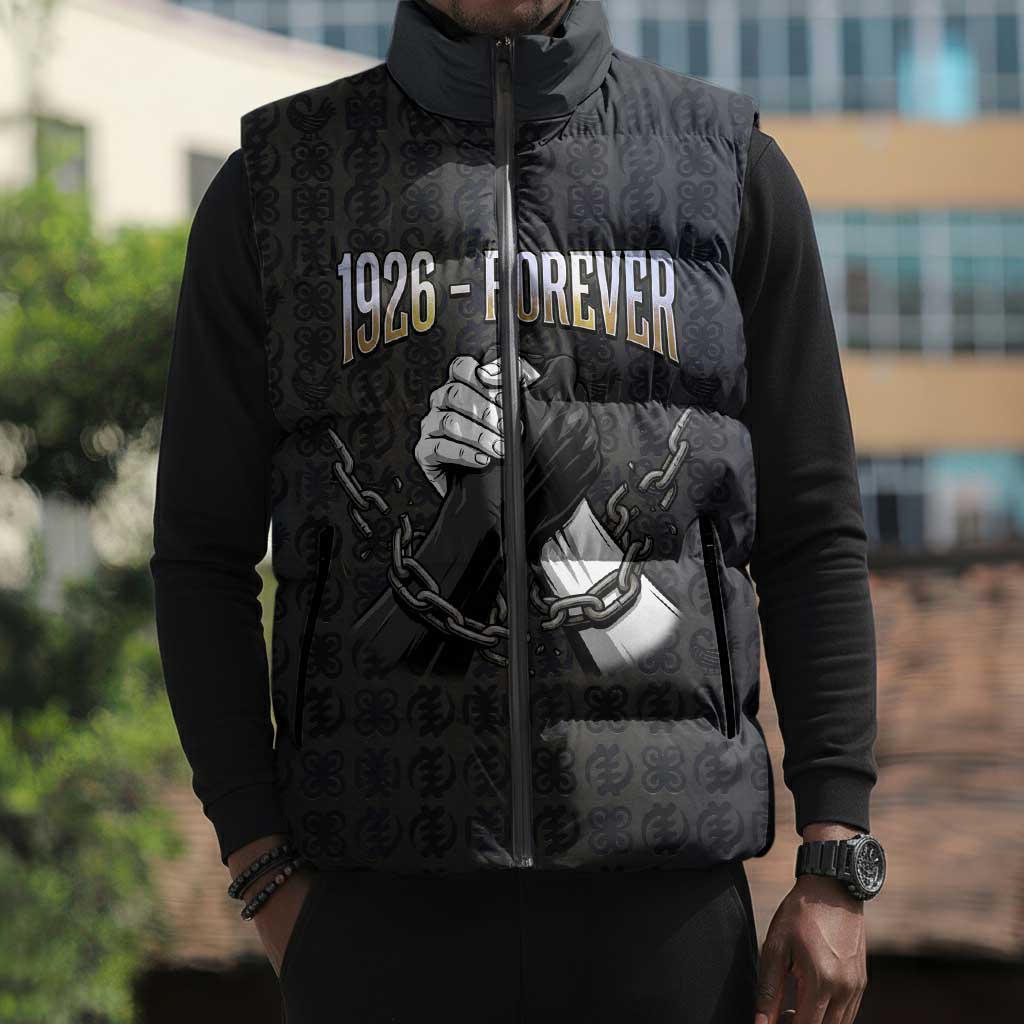 1926 Forever Black History Month Sleeveless Puffer Jacket Broken Chains Freedom Adinkra Symbol