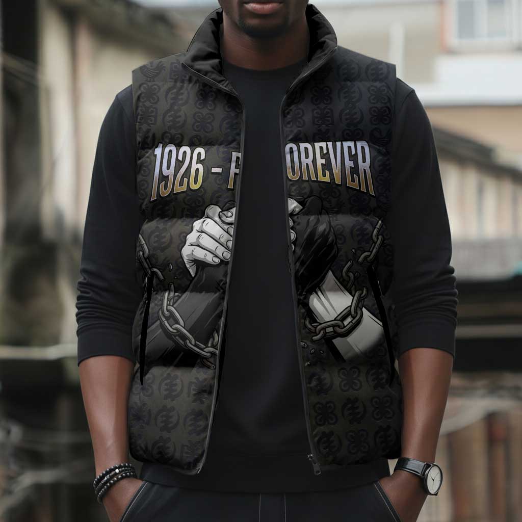 1926 Forever Black History Month Sleeveless Puffer Jacket Broken Chains Freedom Adinkra Symbol