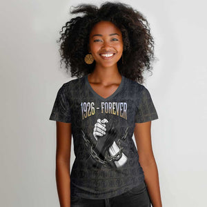 1926 Forever Black History Month Women V-Neck T-Shirt Broken Chains Freedom Adinkra Symbol