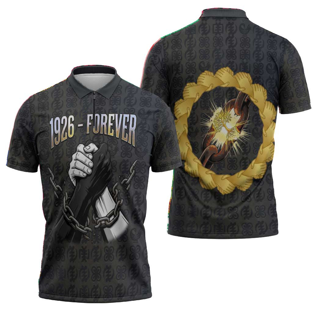 1926 Forever Black History Month Zipper Polo Shirt Broken Chains Freedom Adinkra Symbol