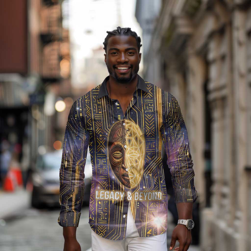Afrofuturism Legacy Beyond Long Sleeve Button Shirt African Astronaut Galaxy Mask