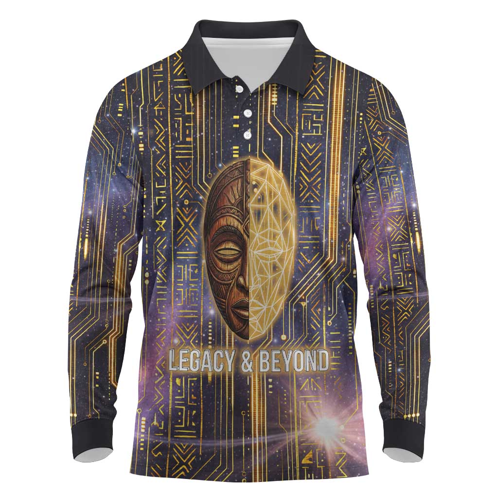 Afrofuturism Legacy Beyond Long Sleeve Polo Shirt African Astronaut Galaxy Mask