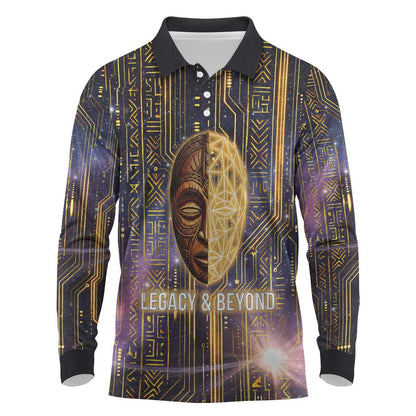 Afrofuturism Legacy Beyond Long Sleeve Polo Shirt African Astronaut Galaxy Mask