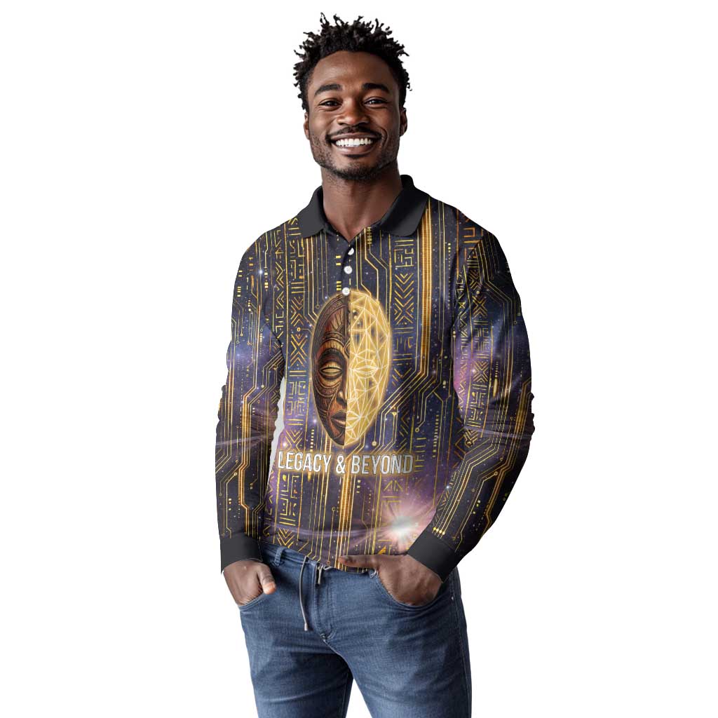 Afrofuturism Legacy Beyond Long Sleeve Polo Shirt African Astronaut Galaxy Mask