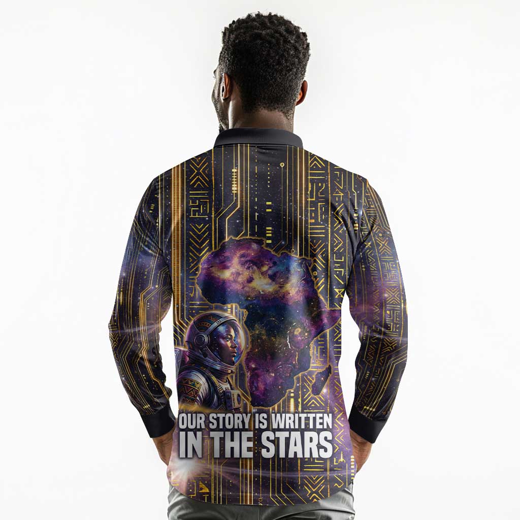 Afrofuturism Legacy Beyond Long Sleeve Polo Shirt African Astronaut Galaxy Mask
