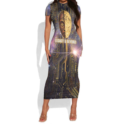 Afrofuturism Legacy Beyond Short Sleeve Bodycon Dress African Astronaut Galaxy Mask