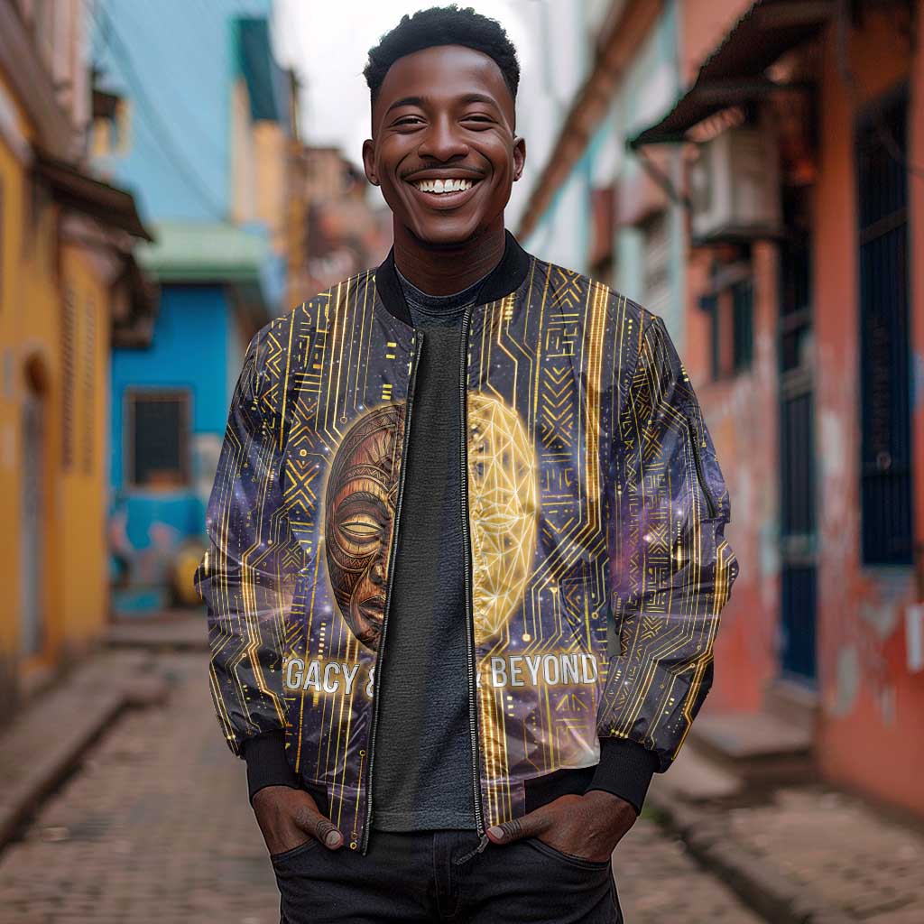 Afrofuturism Legacy Beyond Sleeve Zip Bomber Jacket African Astronaut Galaxy Mask