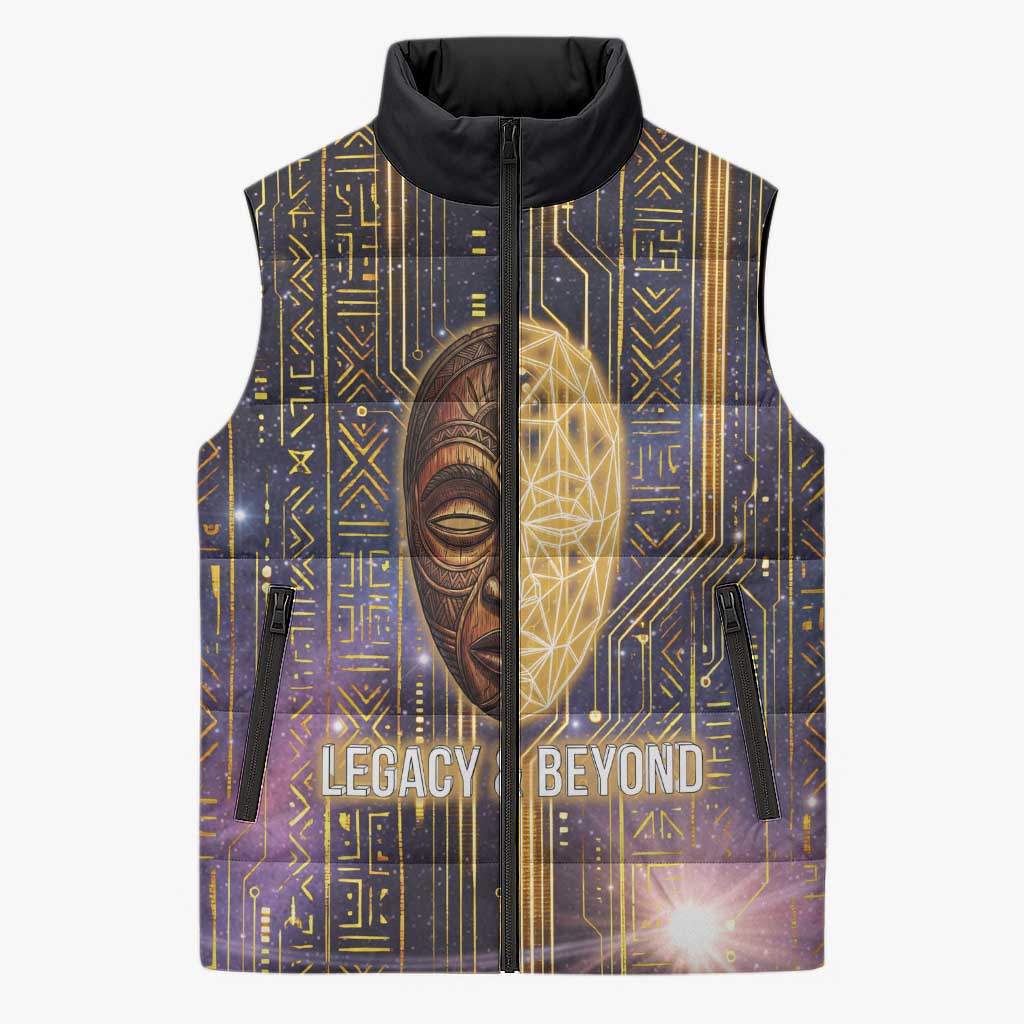 Afrofuturism Legacy Beyond Sleeveless Puffer Jacket African Astronaut Galaxy Mask