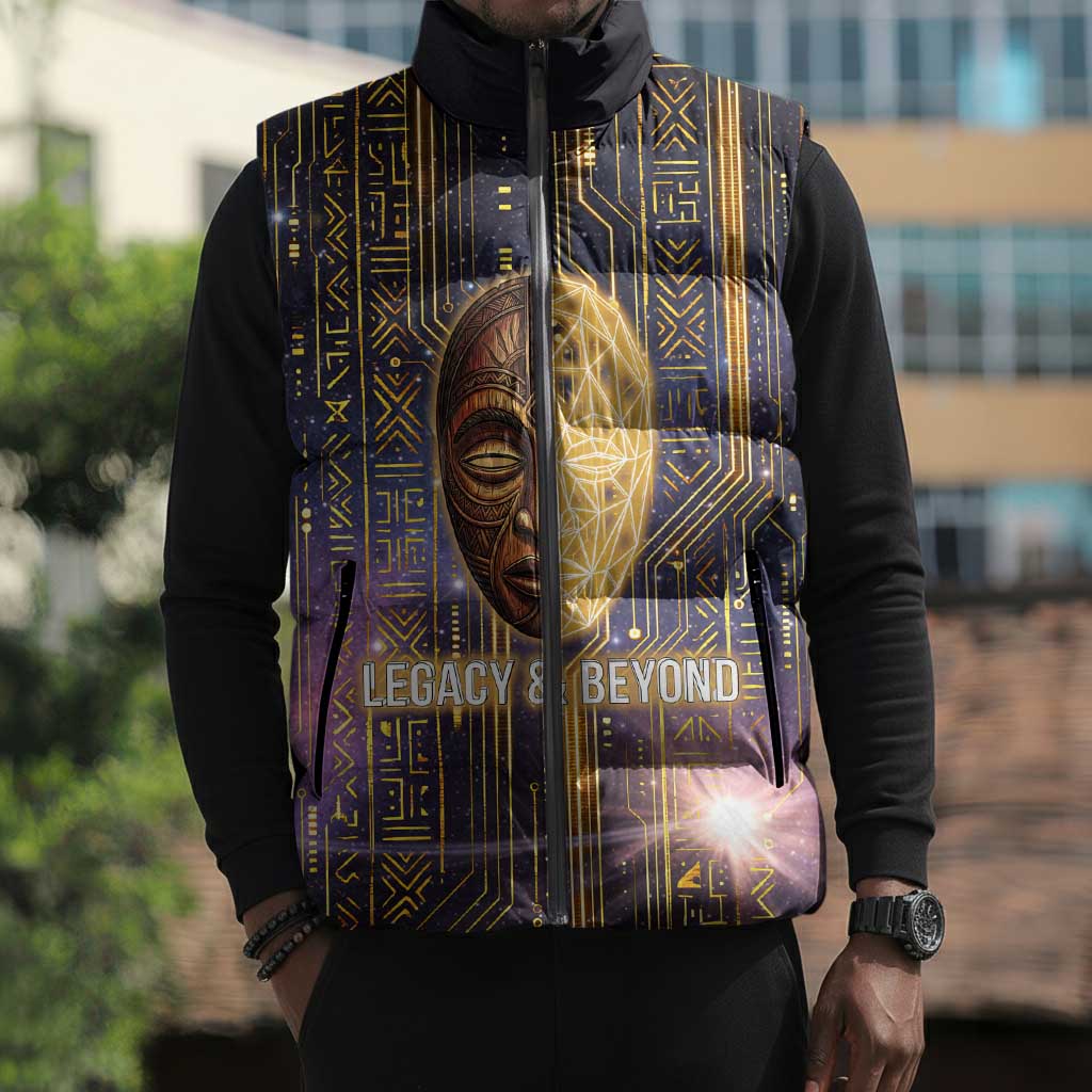 Afrofuturism Legacy Beyond Sleeveless Puffer Jacket African Astronaut Galaxy Mask