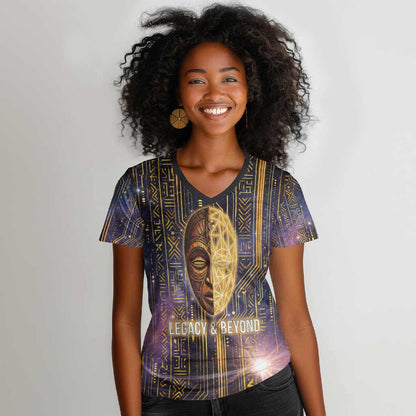 Afrofuturism Legacy Beyond Women V-Neck T-Shirt African Astronaut Galaxy Mask