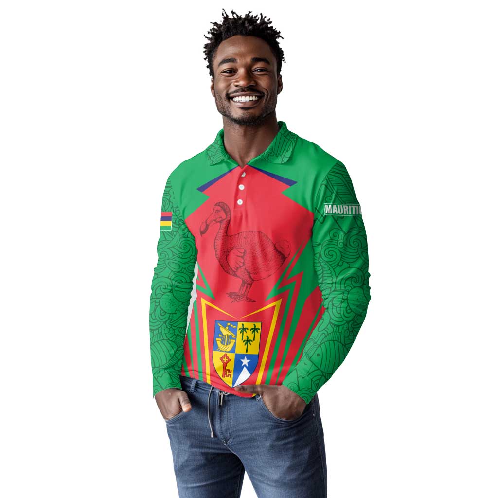 Mauritius Dodo Long Sleeve Polo Shirt Flag Coat of Arms Traditional Patterns