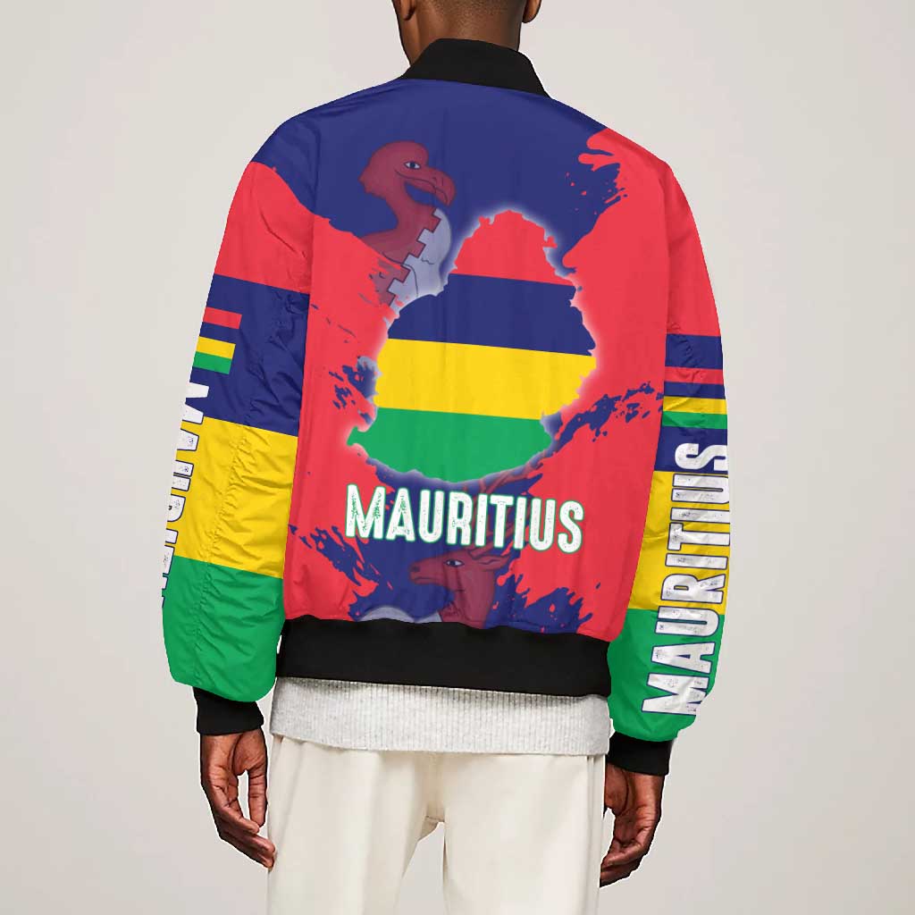 Afro Mauritius Bomber Jacket Map Design with Flag Coat of Arms