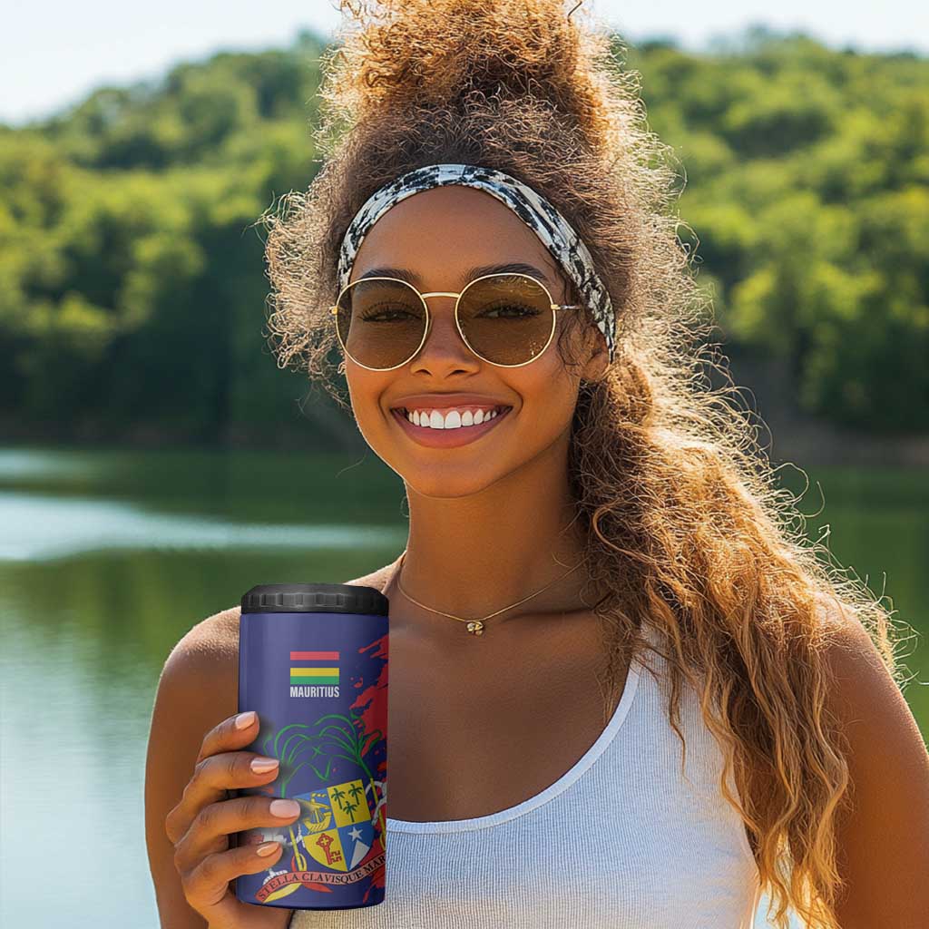 Afro Mauritius 4 in 1 Can Cooler Tumbler Map Design with Flag Coat of Arms