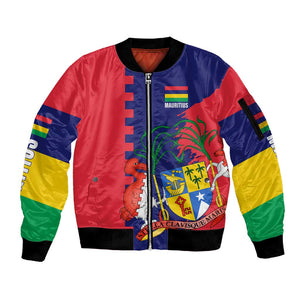 Afro Mauritius Sleeve Zip Bomber Jacket Map Design with Flag Coat of Arms