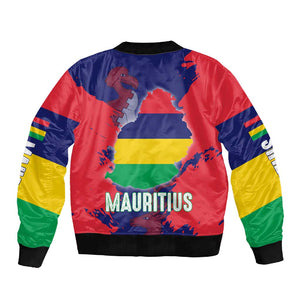 Afro Mauritius Sleeve Zip Bomber Jacket Map Design with Flag Coat of Arms