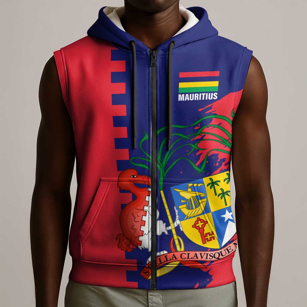 Afro Mauritius Sleeveless Zip Hoodie Map Design with Flag Coat of Arms - African Pride