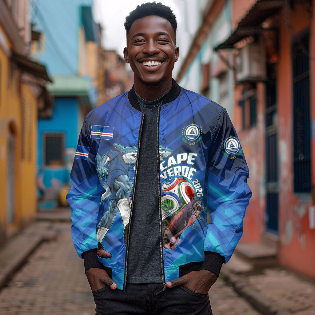 Personalized Cape Verde Football Bomber Jacket Blue Shark Mascot Cabo Verdean - Gradient Art