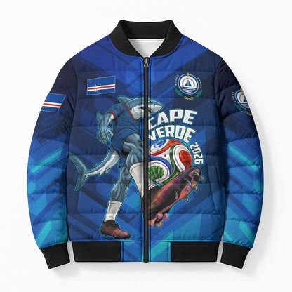 Personalized Cape Verde Football Bomber Puffer Jacket Blue Shark Mascot Cabo Verdean - Gradient Art