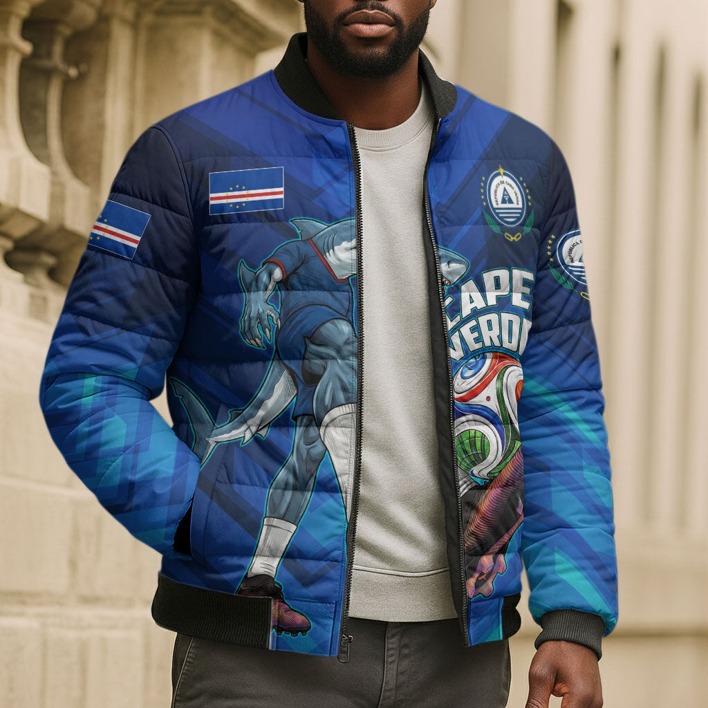 Personalized Cape Verde Football Bomber Puffer Jacket Blue Shark Mascot Cabo Verdean - Gradient Art