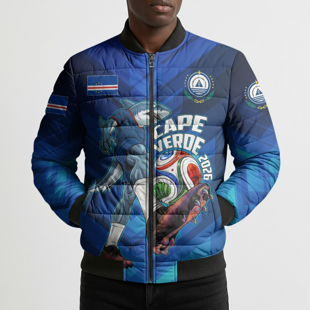 Personalized Cape Verde Football Bomber Puffer Jacket Blue Shark Mascot Cabo Verdean - Gradient Art