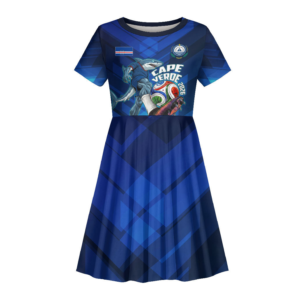 Personalized Cape Verde Football Kid Short Sleeve Dress Blue Shark Mascot Cabo Verdean - Gradient Art