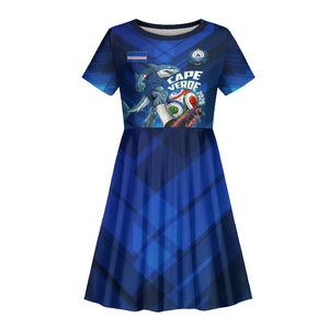 Personalized Cape Verde Football Kid Short Sleeve Dress Blue Shark Mascot Cabo Verdean - Gradient Art