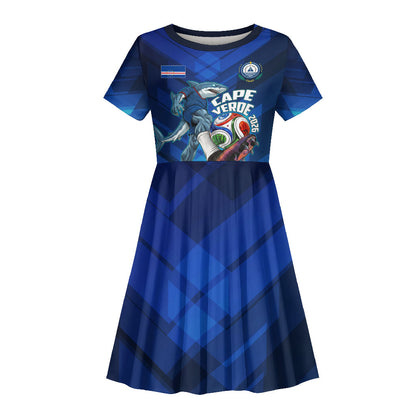 Personalized Cape Verde Football Kid Short Sleeve Dress Blue Shark Mascot Cabo Verdean - Gradient Art