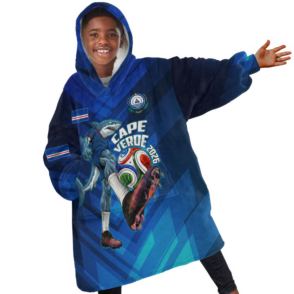 Personalized Cape Verde Football Kid Wearable Blanket Hoodie Blue Shark Mascot Cabo Verdean - Gradient Art