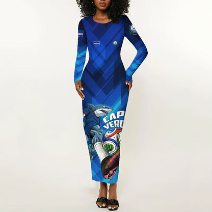 Personalized Cape Verde Football Long Sleeve Bodycon Dress Blue Shark Mascot Cabo Verdean - Gradient Art
