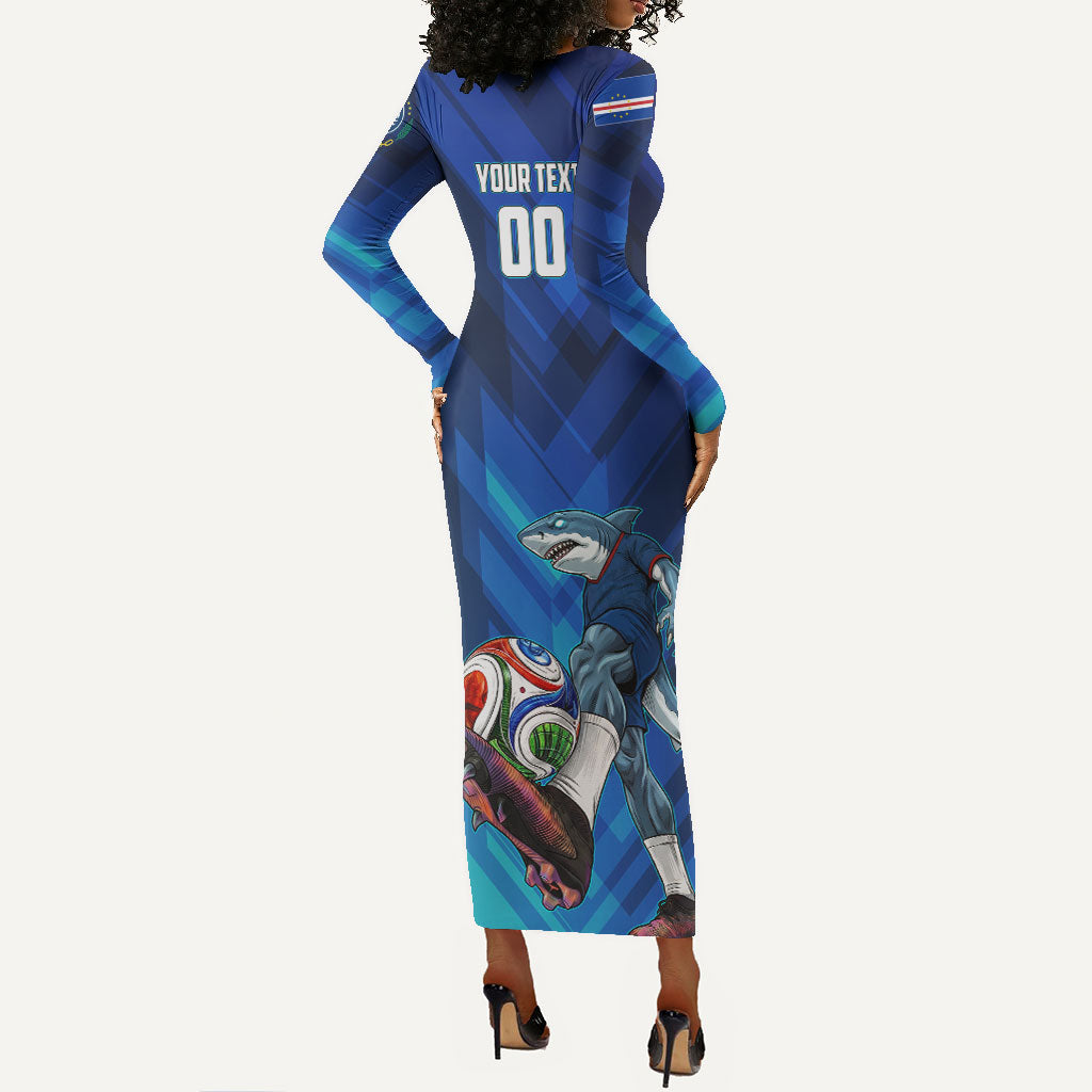 Personalized Cape Verde Football Long Sleeve Bodycon Dress Blue Shark Mascot Cabo Verdean - Gradient Art