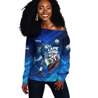 Personalized Cape Verde Football Off Shoulder Sweater Blue Shark Mascot Cabo Verdean - Gradient Art