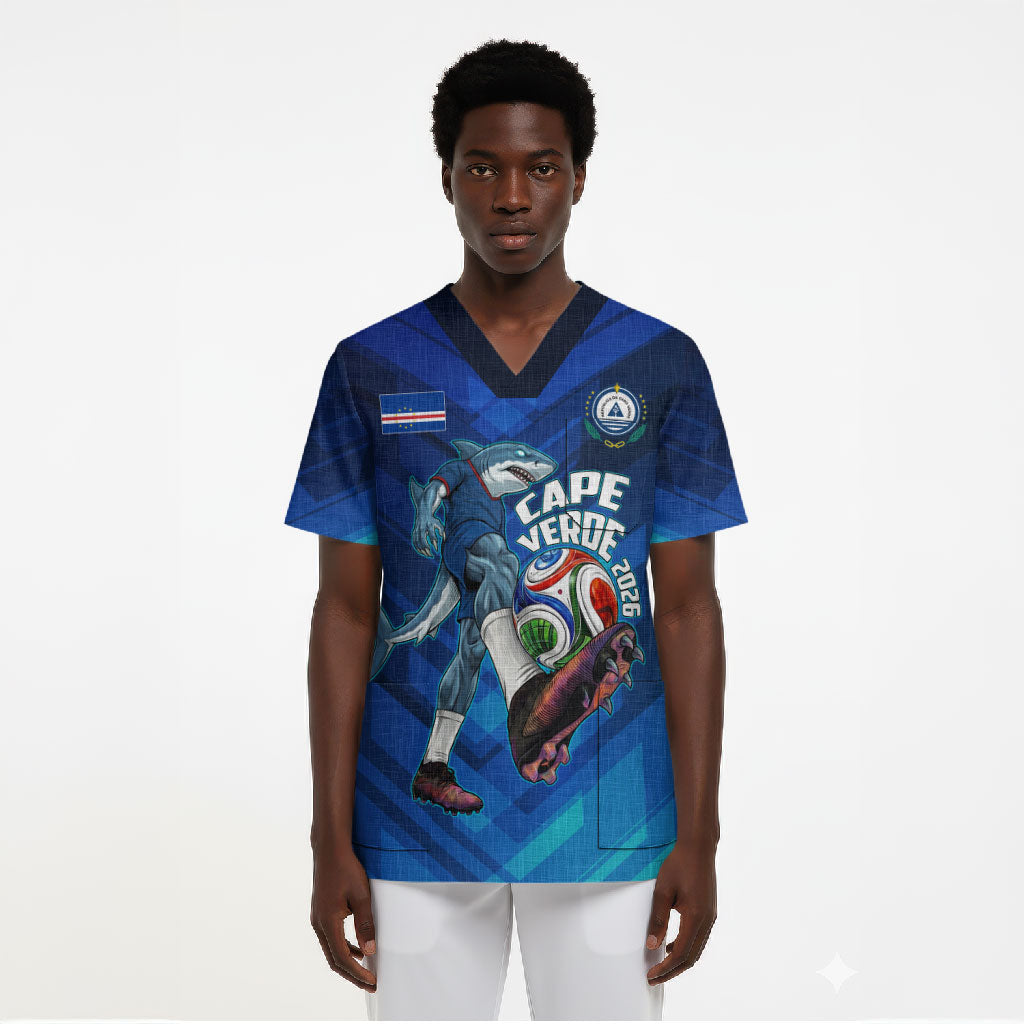 Personalized Cape Verde Football Scrub Top Blue Shark Mascot Cabo Verdean - Gradient Art