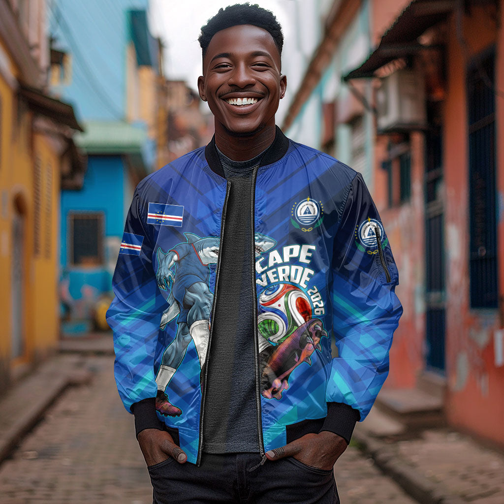 Personalized Cape Verde Football Sleeve Zip Bomber Jacket Blue Shark Mascot Cabo Verdean - Gradient Art