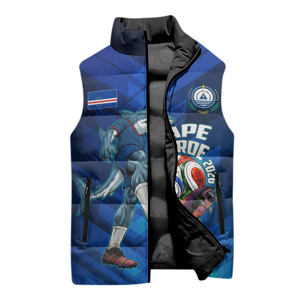 Personalized Cape Verde Football Sleeveless Puffer Jacket Blue Shark Mascot Cabo Verdean - Gradient Art