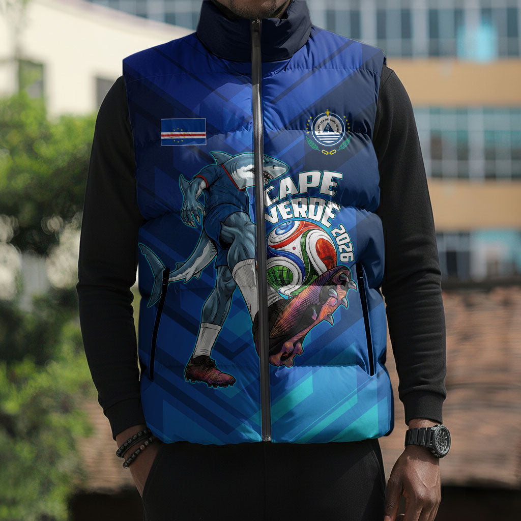 Personalized Cape Verde Football Sleeveless Puffer Jacket Blue Shark Mascot Cabo Verdean - Gradient Art