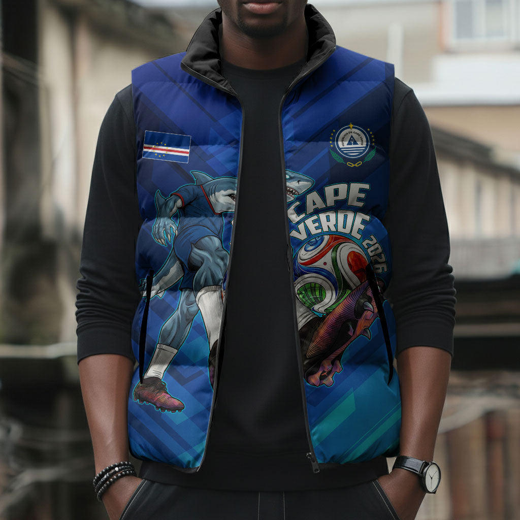 Personalized Cape Verde Football Sleeveless Puffer Jacket Blue Shark Mascot Cabo Verdean - Gradient Art