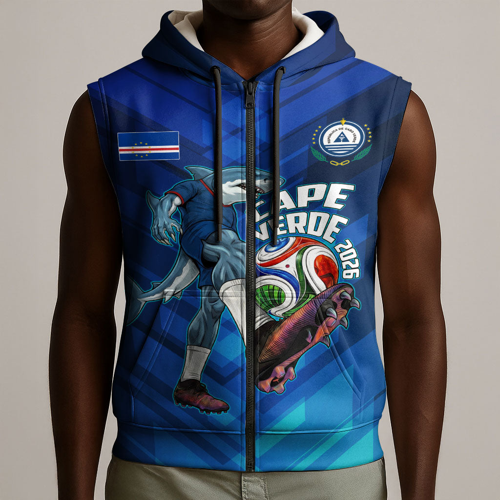 Personalized Cape Verde Football Sleeveless Zip Hoodie Blue Shark Mascot Cabo Verdean - Gradient Art