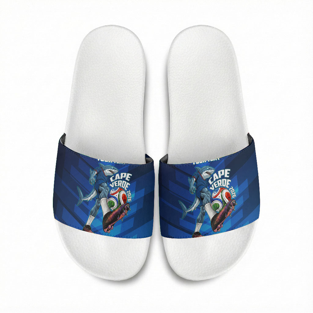 Personalized Cape Verde Football Slide Sandals Blue Shark Mascot Cabo Verdean - Gradient Art