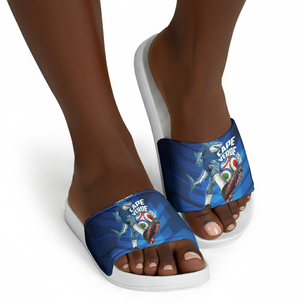 Personalized Cape Verde Football Slide Sandals Blue Shark Mascot Cabo Verdean - Gradient Art