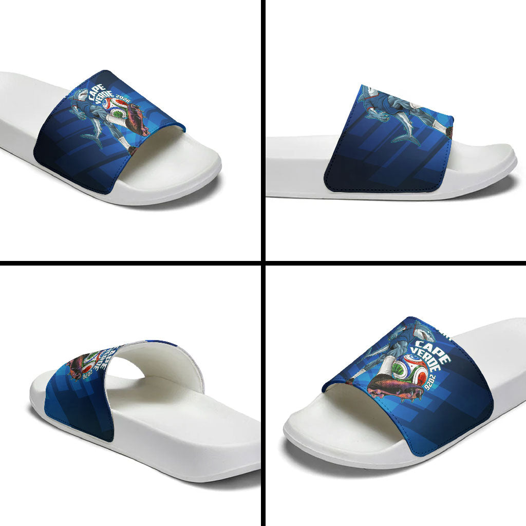 Personalized Cape Verde Football Slide Sandals Blue Shark Mascot Cabo Verdean - Gradient Art