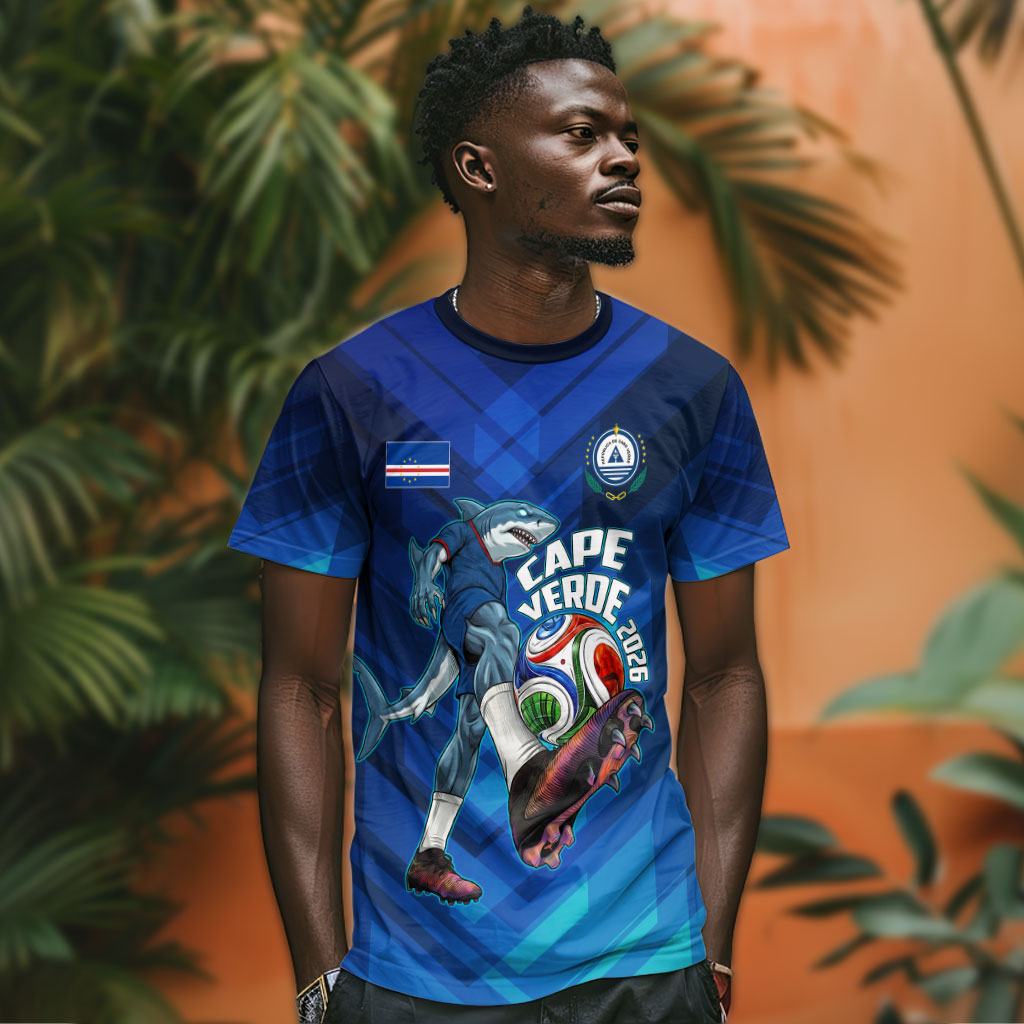 Personalized Cape Verde Football T shirt Blue Shark Mascot Cabo Verdean - Gradient Art