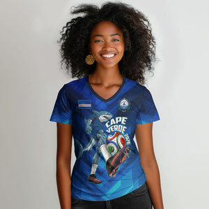 Personalized Cape Verde Football Women V-Neck T-Shirt Blue Shark Mascot Cabo Verdean - Gradient Art