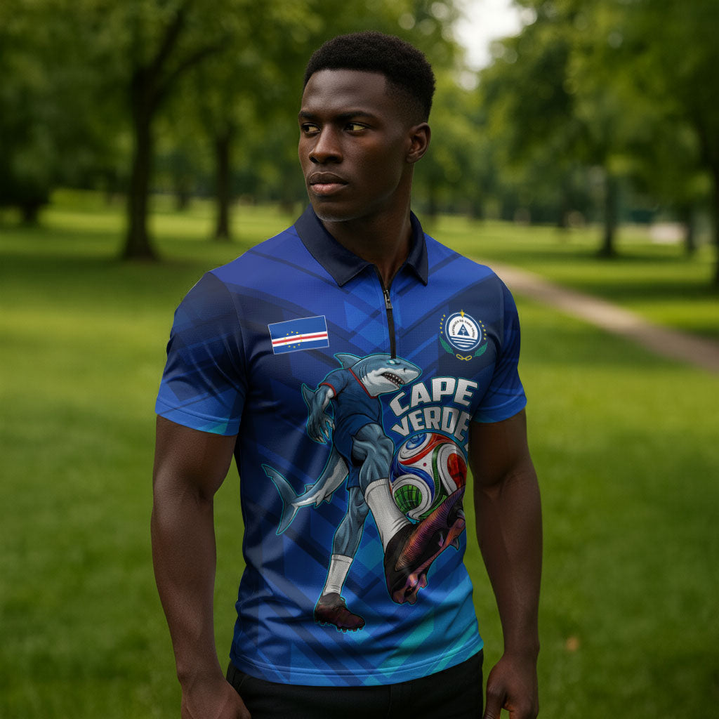 Personalized Cape Verde Football Zipper Polo Shirt Blue Shark Mascot Cabo Verdean - Gradient Art