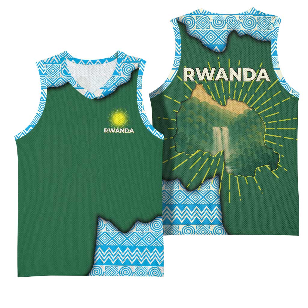 Rwanda Basketball Jersey with Green Nature Map Waterfall Sunburst Spirit TS04