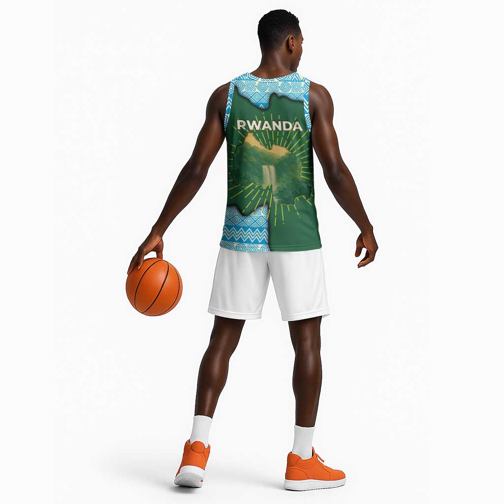 Rwanda Basketball Jersey with Green Nature Map Waterfall Sunburst Spirit TS04