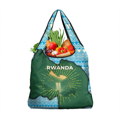 Rwanda Grocery Bag with Green Nature Map Waterfall Sunburst Spirit