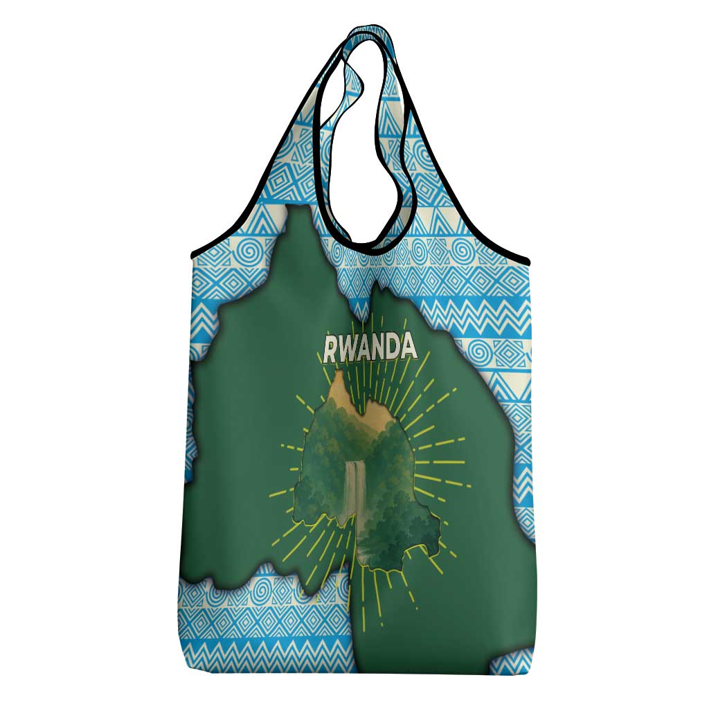 Rwanda Grocery Bag with Green Nature Map Waterfall Sunburst Spirit